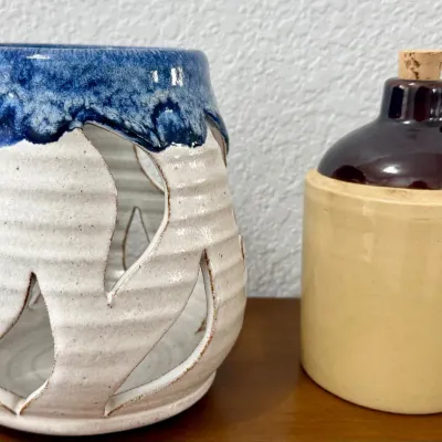 USA Brown And Tan Liquor Jug With Cork, Studio Pottery Urban BDS Candle Holder