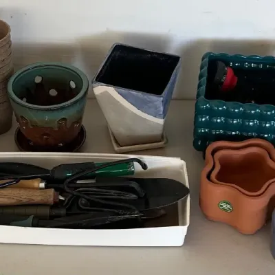 
Garden Lot - Ceramic And Plastic Planters, Hand Trowels And Rakes, Miracle Grow Garden Feeder