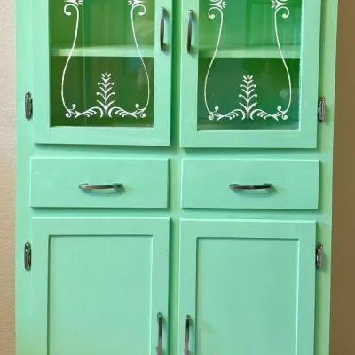 Vintage Mint Green Glass Front Cabinet With 4 Doors And 2 Drawers