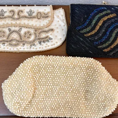 
(3) Vintage Clutch Purses - Corde-bead With Mirror, Made In Japan Seed Pearl, Suray Without Strap