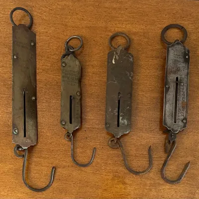 (4) Antique 25 And 50 Pound Spring Pocket Balance Scales - Chatillions & Sons, Rebure, C. Forschner
