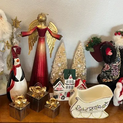 Christmas Decor - Godinger Silverplate Candle Holders, Pier 1 Metal Angel, Mikasa Porcelain Sleigh, Santas