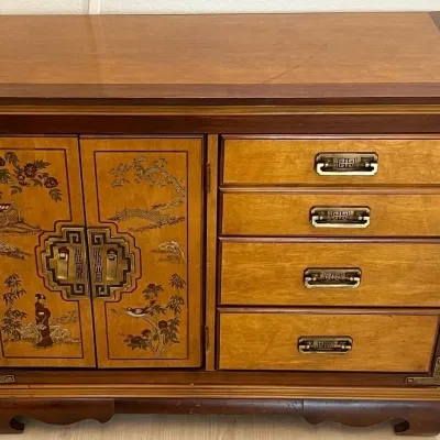 Vintage Bassett Asian Inspired Chinoiserie Buffet With Brass Handles