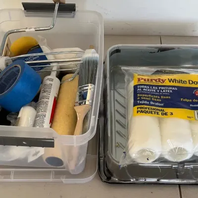 Small Paint Lot- Rollers, Tape, Brushes, Tray