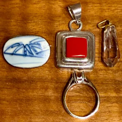 2 Sterling Silver Pin & Pendant - Mexico & Gold Tone Crystal Pendant - Sterling Silver Plate Ring No Stone