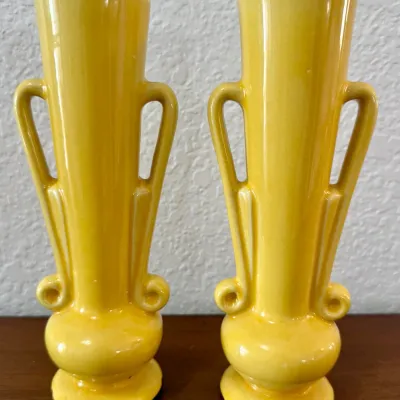 
Pair Of Bauer Pottery Yellow Bud Vases USA 878