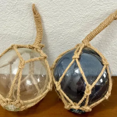 Pair Of Rope Wrapped Hand Blown Glass Fish Floats (as Is)