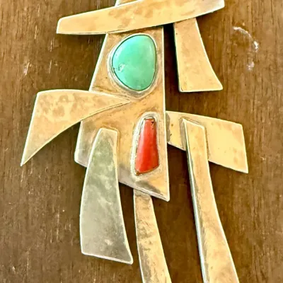 Loma Abstract Sterling Silver - Turquoise And Coral Pendant - 20.83 Grams