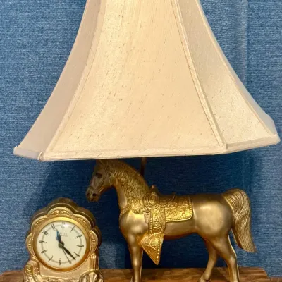 
Vintage United Clock Corp. Western Brass Clock And Horse Lamp