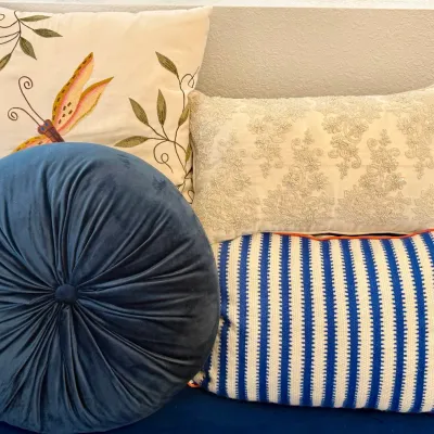 (4) Throw Pillows - Mainstay Blue And White, Seed Bead Dragonfly, Round Tufted