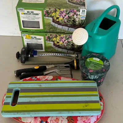 
Garden Lot - Edging, Sprinkler And Hose Attachment, Water Can, And Foam Knee Boards
