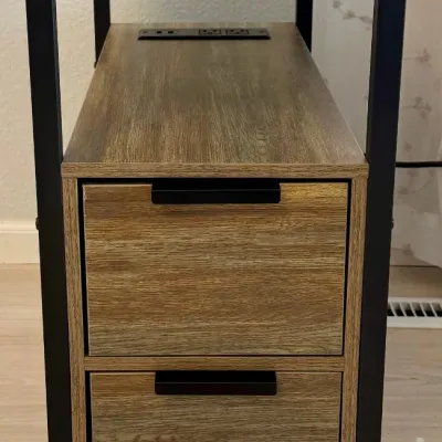 Faux Grey And Brown Wood 2 Drawer Side Table With Black Metal Legs And Outlets