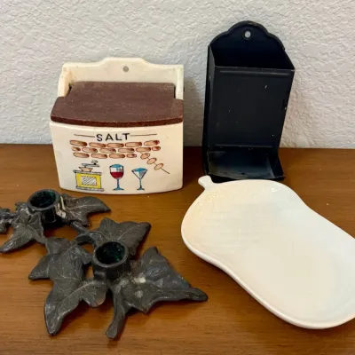 Vintage Pottery Salt Cellar, Matchstick Holder, Wilton No. 2 Metal Ivy Candle Holder, Acorn Dish