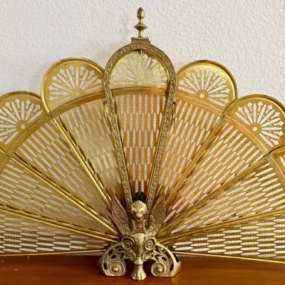 Antique Brass Gargoyle Expanding Fireplace Screen