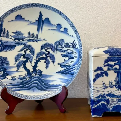 Japanese 3 Tier Stacking Jubako Blue And White Box (as Is) And 15.5" Asian Plate
