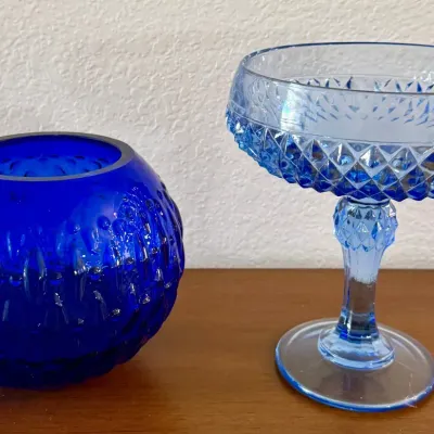 
Fenton Cobalt Blue Round Bowl And Indiana Glass Diamond Point Blue Compote Candy Dish