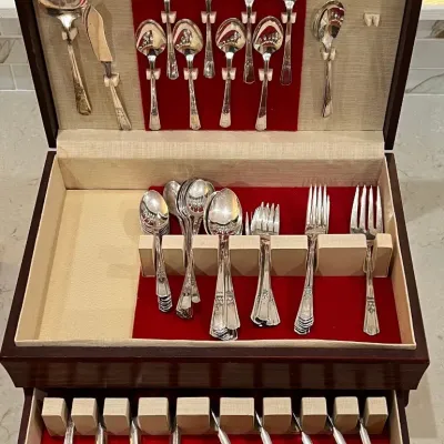 
Partial Set Of Vintage Court Silverplate Flatware And Serving Pieces With Wood Box
