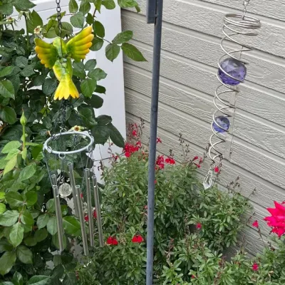 58" Metal Double Garden Hook With Metal Bird Windchime And Prism