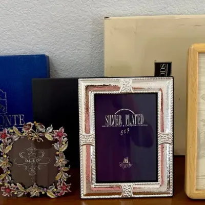Del Conte Argenteria Made In Italy Picture Frame New In Box, Del & Co Enamel Frame, Silverplate, Rare Woods