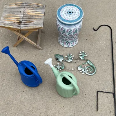 Garden And Decor - 40" Plant Hook, 17" Ceramic Plant Stand, Metal Wall Hanging, Water Cans