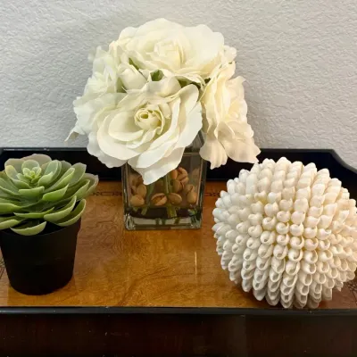 
Double Handle Tray With Faux Plants And Shell Ball