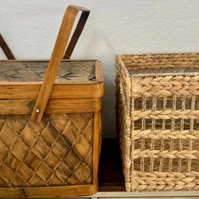 Double Handle Wicker Picnic Basket (as Is) And Handled Storage Box