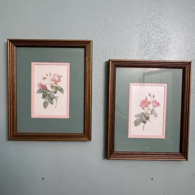Sale Photo Thumbnail #22: Framed Botanical Rose Prints, Pair. Home Decor / Wall Art. A matching pair of vintage botanical rose illustrations, double-matted in sage green and pink with beaded bronze-toned wooden frames.