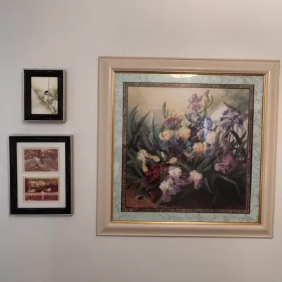 Sale Photo Thumbnail #28: Large framed floral print depicting colorful iris blooms in a cream-and-gold decorative frame, displayed alongside two smaller framed bird prints on a wall.