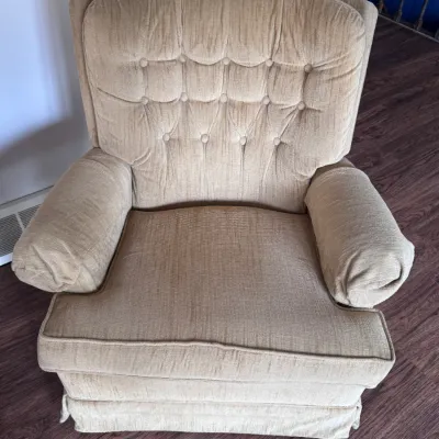 Sale Photo Thumbnail #19: Vintage Tufted Armchair in Tan Fabric. Category: Furniture / Seating / Living Room Chairs. Features a button-tufted backrest, thick rolled padded arms, welted seat cushion, and a skirted base.