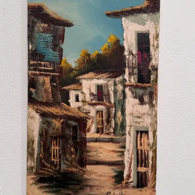 Sale Photo Thumbnail #27: Vintage impasto oil painting on board depicting a rustic Mediterranean village scene, signed by artist Pratrella in the lower right corner.