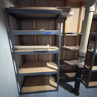 Sale Photo Thumbnail #60: Heavy-Duty Metal Shelving Unit with Particle Board Shelves | Furniture & Storage. Sturdy gray-painted steel garage or basement utility rack featuring five adjustable tiers.