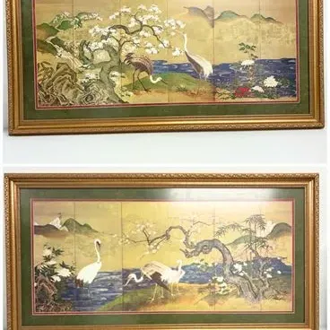 Sale Photo Thumbnail #35: Pair of framed Asian-style silk screen prints depicting cranes, blossoming trees, and water landscapes in ornate gold gilt frames.