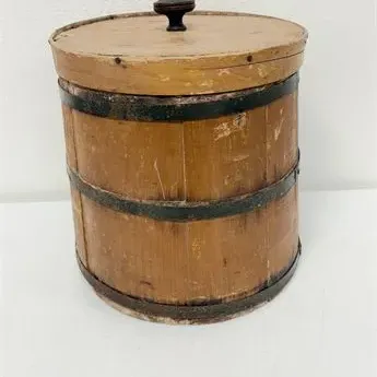 Sale Photo Thumbnail #17: Antique wooden firkin sugar bucket with dark metal bands and a fitted lid, showing age-appropriate wear and patina.