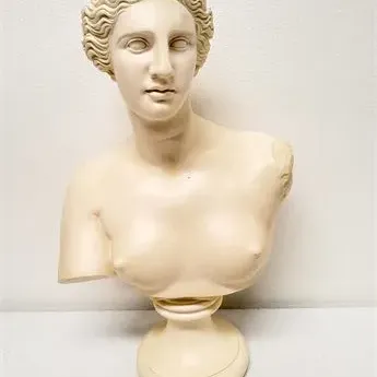 Sale Photo Thumbnail #21: Classical Greco-Roman style female bust sculpture mounted on a rounded pedestal base.