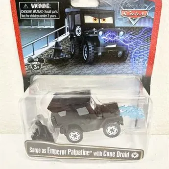 Sale Photo Thumbnail #29: Disney Pixar Cars and Star Wars crossover Sarge as Emperor Palpatine die-cast vehicle with Cone Droid, sealed in original blister packaging.