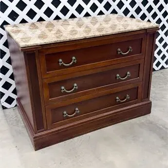 Sale Photo Thumbnail #8: Traditional wooden chest featuring three drawers with metal bail pulls and a polished patterned stone tabletop.
