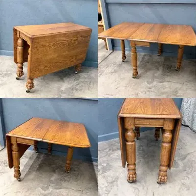 Sale Photo Thumbnail #11: Vintage oak drop-leaf table featuring turned legs with claw-and-ball feet on casters, shown from multiple angles both extended and folded.