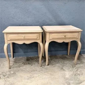 Sale Photo Thumbnail #42: Pair of vintage French Provincial style nightstands in a light beige painted finish, featuring single drawers and cabriole legs.