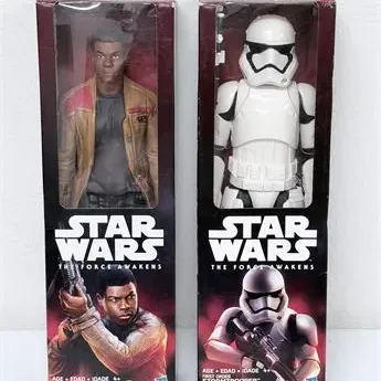 Sale Photo Thumbnail #63: Two Star Wars: The Force Awakens 12-inch action figures by Hasbro, including Finn (Jakku) and a First Order Stormtrooper, sealed in original packaging.