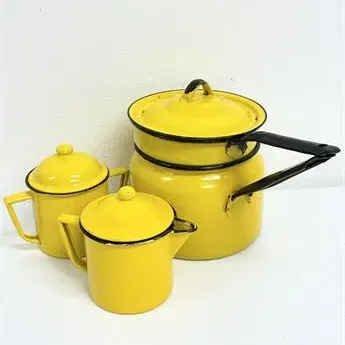 Sale Photo Thumbnail #10: Vintage bright yellow enamelware kitchenware set with black rim accents, including a double boiler pot, coffee pot, and sugar bowl.
