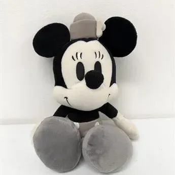 Sale Photo Thumbnail #37: Vintage-style Steamboat Willie Minnie Mouse plush toy in black, white, and gray tones.