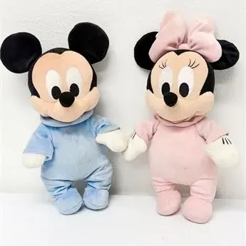 Sale Photo Thumbnail #5: Pair of Disney plush toys featuring Baby Mickey Mouse in a blue jumpsuit and Baby Minnie Mouse in a pink jumpsuit.