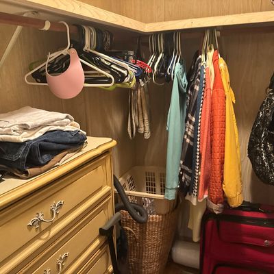 Walk-in closet featuring a French Provincial style dresser, hanging casual clothing, handbags, and rolling luggage.