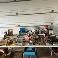 Sale Photo Thumbnail #32:  various workshop supplies, hardware organziers, small hand tools, and vintage wooden toolboxes.
