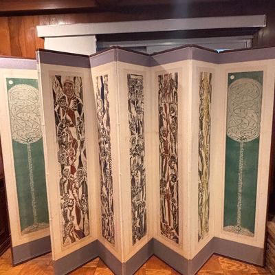 Sale Photo Thumbnail #3: Large multi-panel folding room divider screen featuring artwork with detailed figure illustrations and tree motifs on each panel.