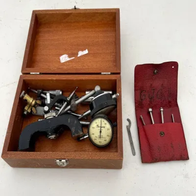G vintage various gauge set with wooden storage box