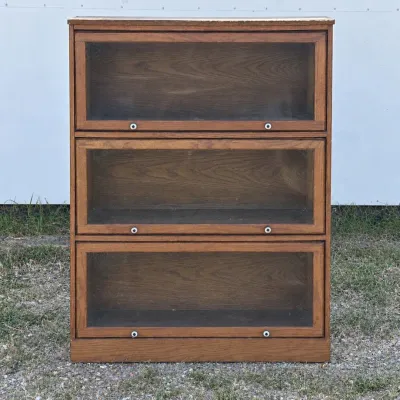 F oak finish three tier barrister style glass door bookcase