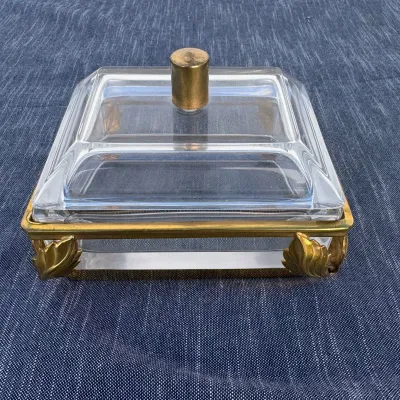 Hd art deco gilded brass and glass vanity trinket box