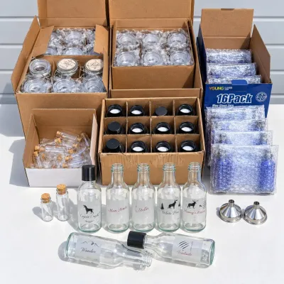 K assorted craft jars and glass bottles lot