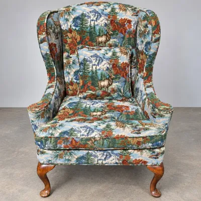 F wildlife tapestry wingback chair with matching pillow
